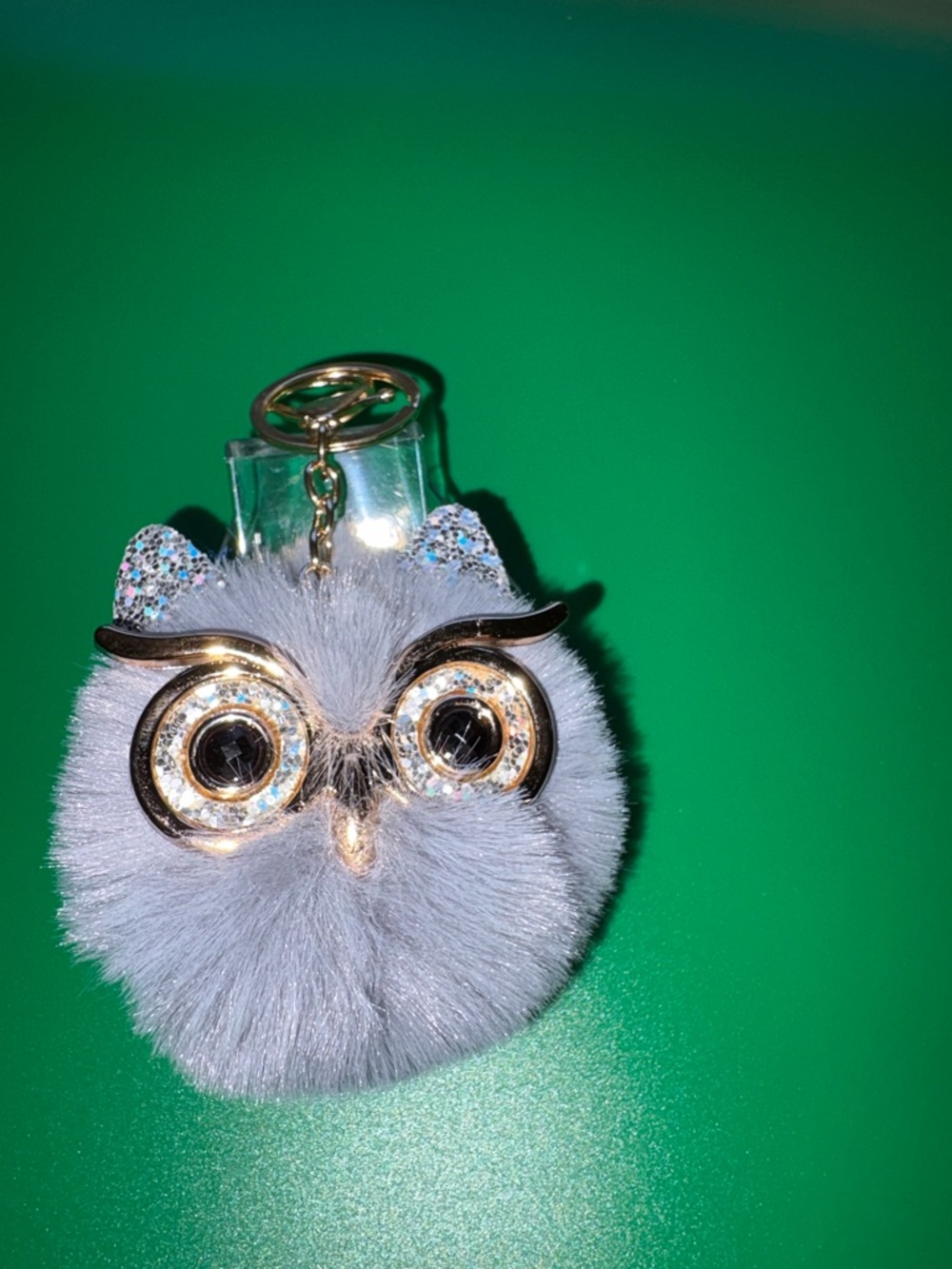 Cute Gray Owl Fur Pom Keychain with Gold Accents